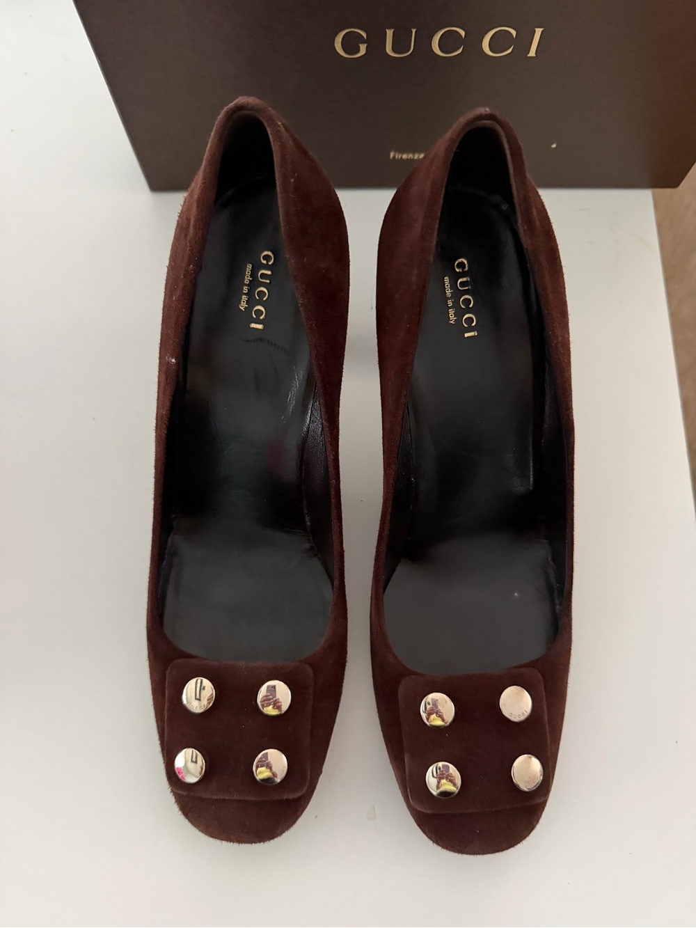 Gucci Brown Suede Studded Block Heel Pumps Style 247696 | Size 41